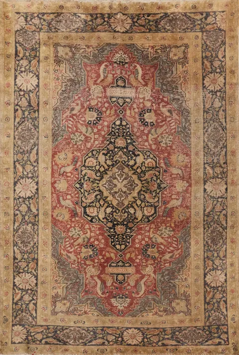 Pre-1900 Antique 100% Silk Hereke Vegetable Dye Rug 4x6
