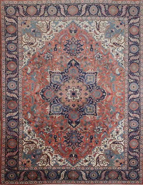 Vegetable Dye Red Blue and Pink Geometric Heriz Persian Area Rug 9x12