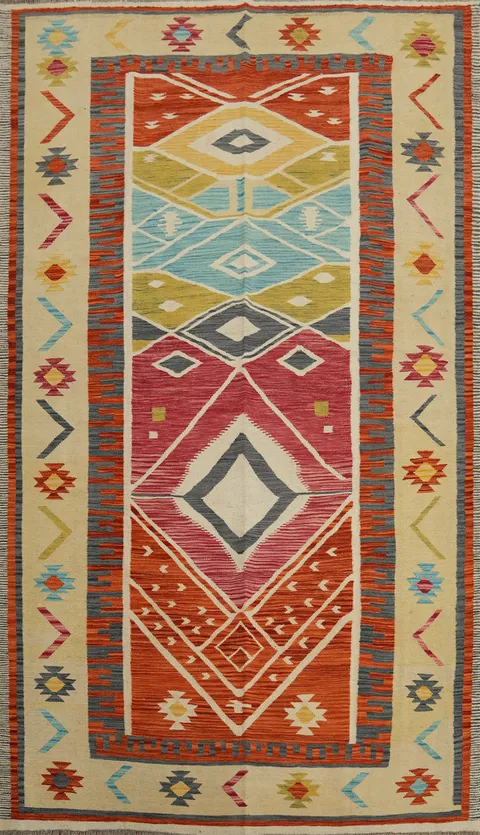 Kilim Style Rug 7x10 Featuring Geometric Shapes and Bright Colors