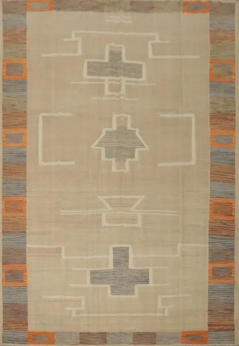 Earthy Geometric Patterns Kilim Beige Handcrafted Rug 8x10