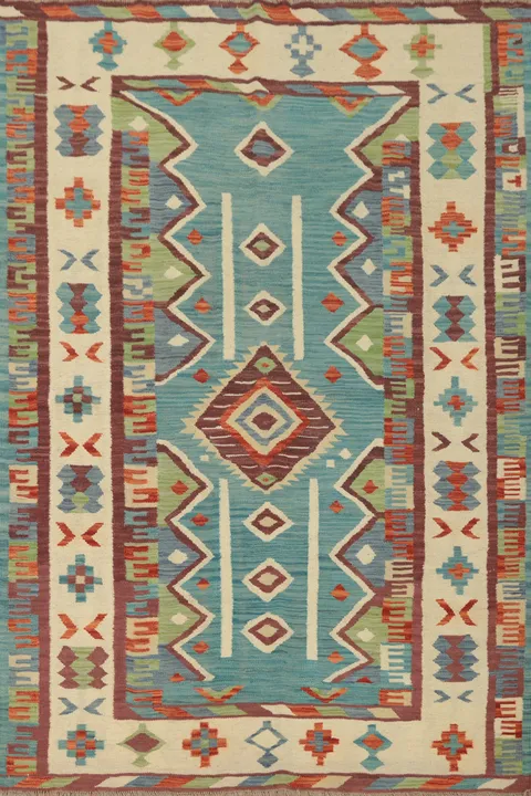 Light Blue Geometric Kilim Flat Weave Rug 5x7