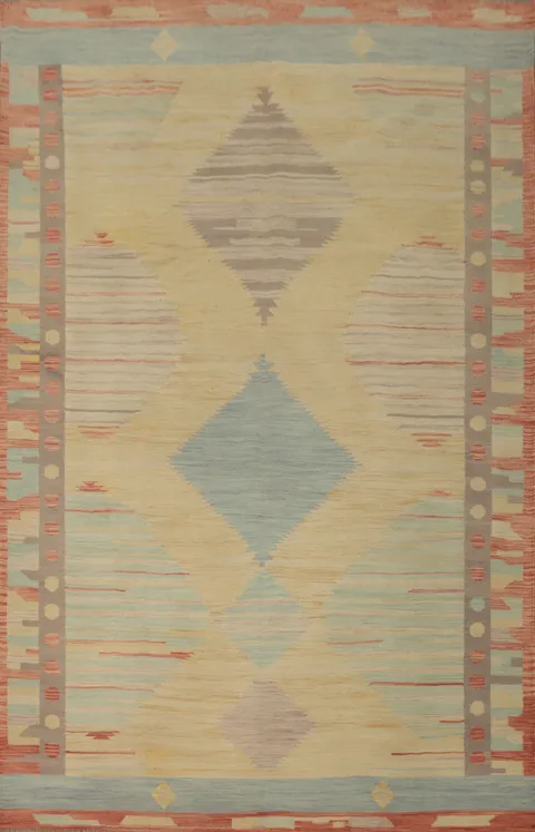 Geometric Pattern Rug with Soft Pastel Tones and Earthy Borders 7x10
