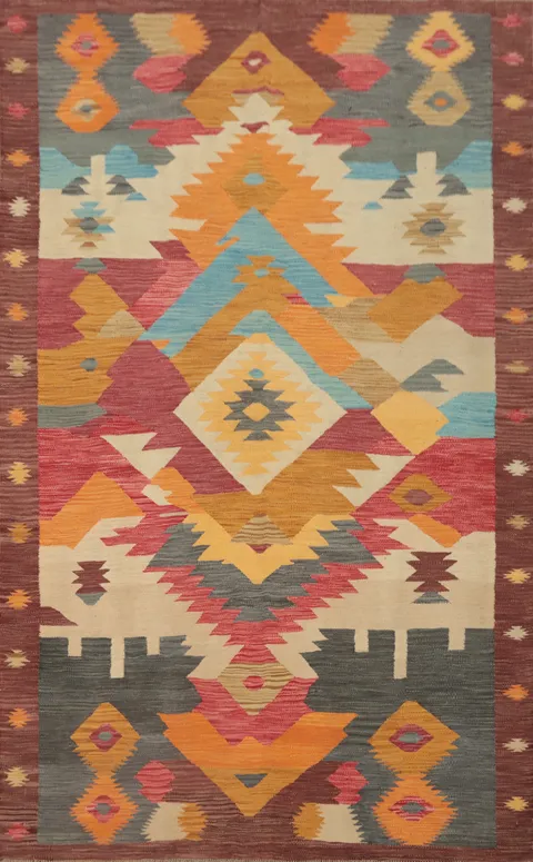 Colorful Kilim Room Size Wool Area Rug 5x8