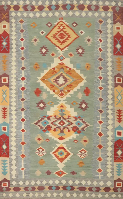 Green Wool Kilim Flat Weave Area Rug 7x10