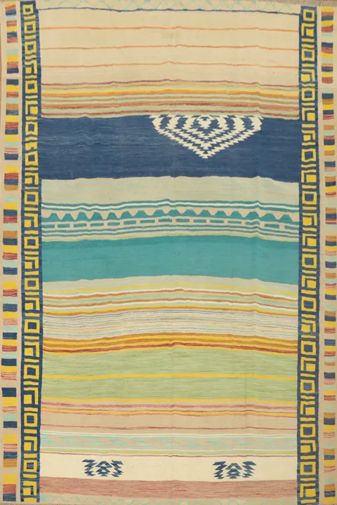 Vibrant Striped Kilim Are Rug 8x10 with Intricate Border Detail