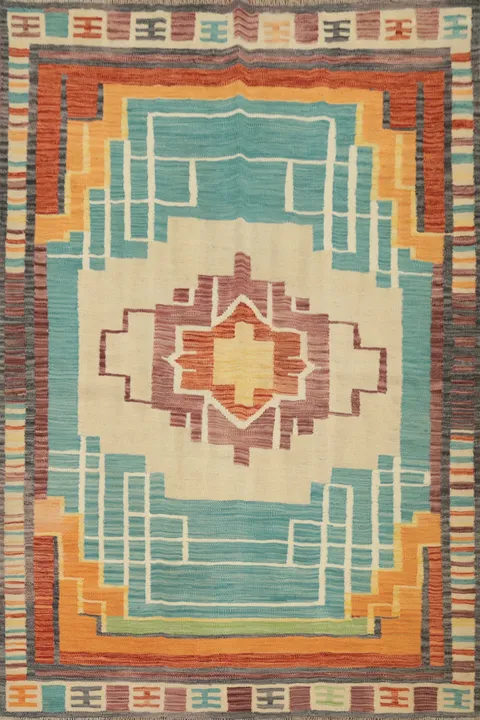 Southwestern Style Kilim Rug 5x7 with Bold Geometric Designs