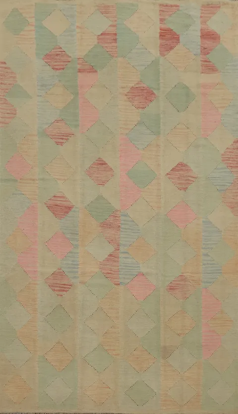 Pastel Geometric Delight Rustic Charm Kilim Wool Rug 5x8