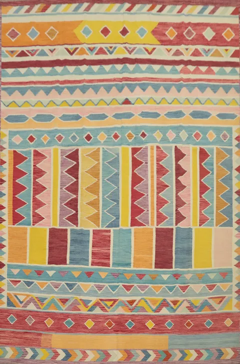 Elevate Your Decor with Multi-Colored Geometric Large Kilim Rug 10x13