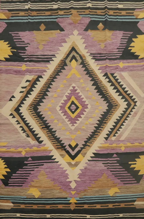 Southwestern Diamond Kilim Area Rug 10x13 with Vibrant Purple Highlights