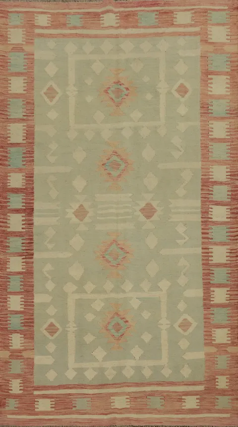 Geometric Wool Kilim Flat Weave Area Rug 5x8