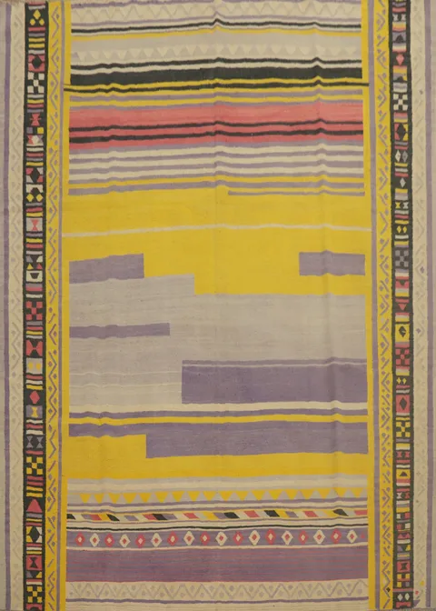 Unique Yellow & Purple Kilim Area Rug 9x10 with Traditional Borders