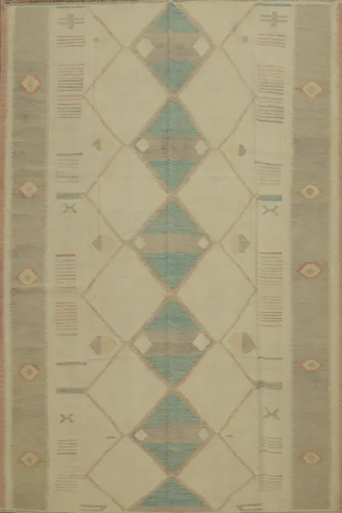 Southwestern Geometric Cream and Aqua Kilim Flat-Woven Area Rug for Modern Homes 8x10