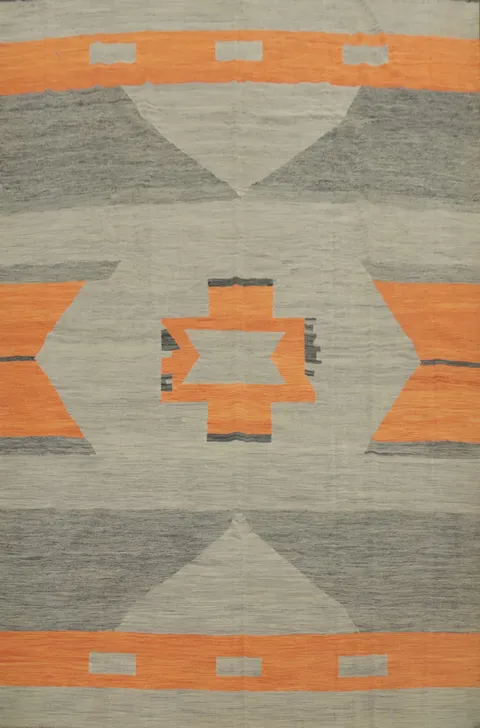 Stylish Gray and Orange Patterned Kilim Large Rug 10x13 for Living Rooms