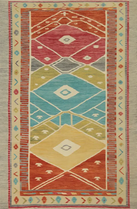 Multicolor Tribal Inspired Kilim Area Rug 10x13 with Diamond Motifs