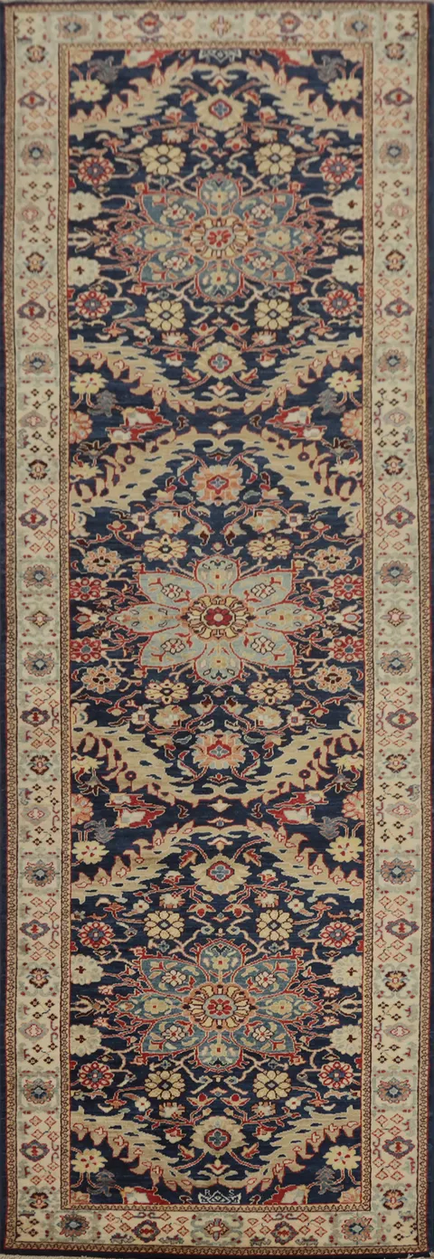 Long Navy Runner Rug 3x12 Featuring Detailed Oriental Floral Design
