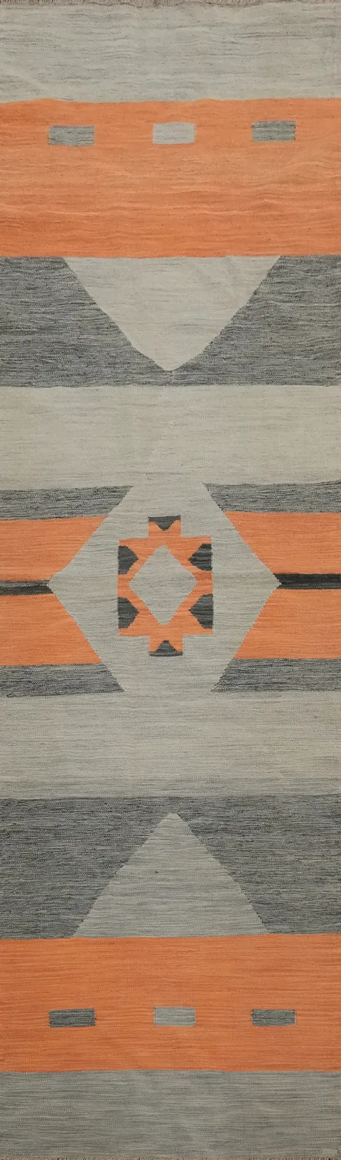 Southwestern Gray Kilim Runner Rug 3x12 with Orange Highlights