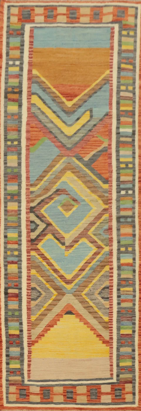 Eclectic Abstract Kilim Runner Rug 3x10 with Geometric Designs