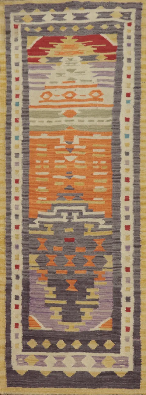 Vibrant Geometric Patterned Tribal Kilim Rug for Modern Living Spaces 2x6