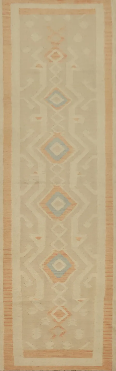 Earthy Geometric Design Kilim Runner Rug 3x12 with Subtle Pastel Hues
