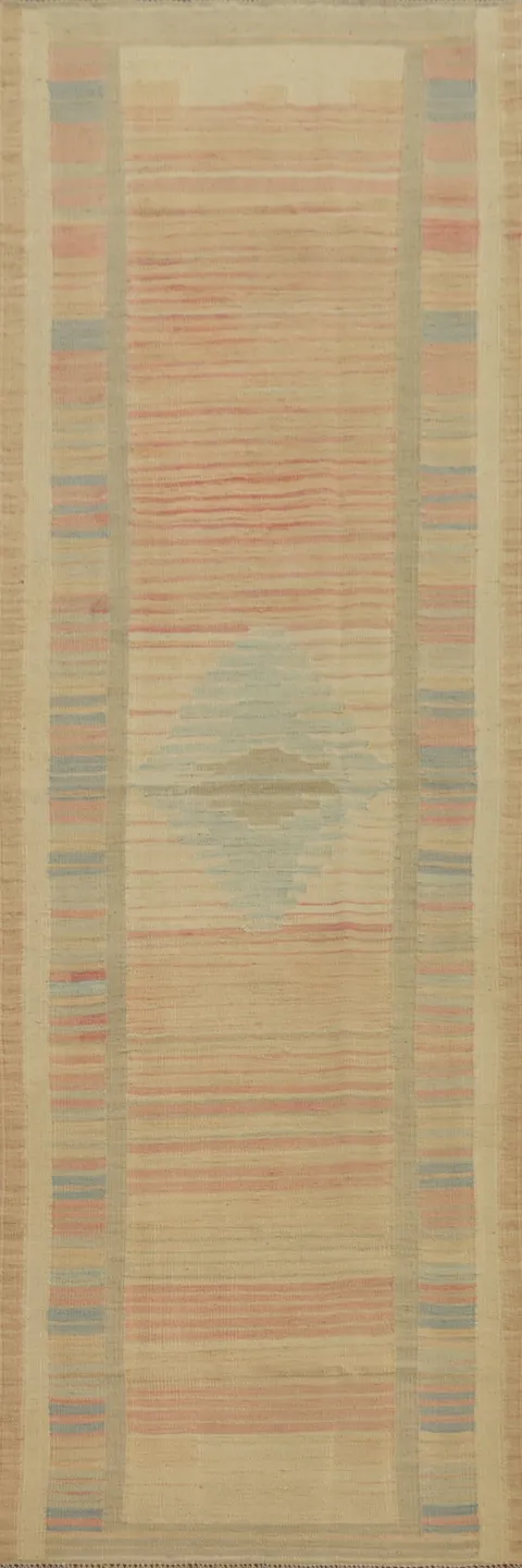 Geometric Wool Kilim Vegetable Dye Runner Rug 3x10