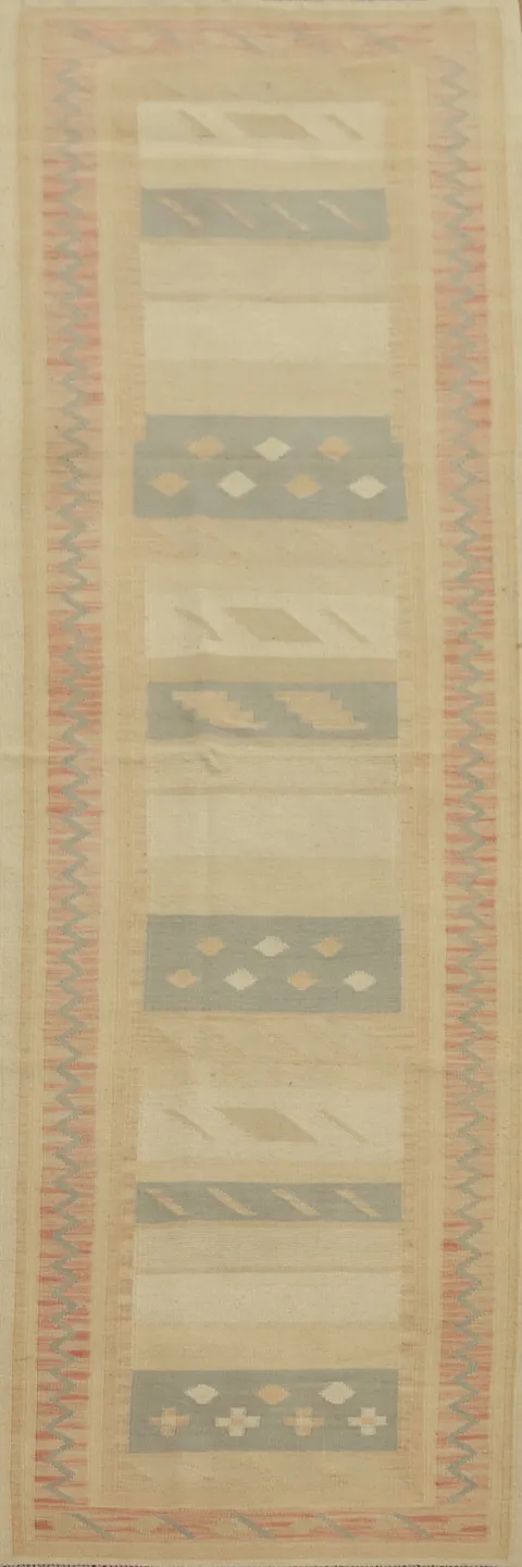 Geometric Wool Kilim Vegetable Dye Runner Rug 3x11