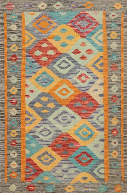 Multicolored Geometric Kilim Rug 3x5 with Vibrant Diamond Patterns