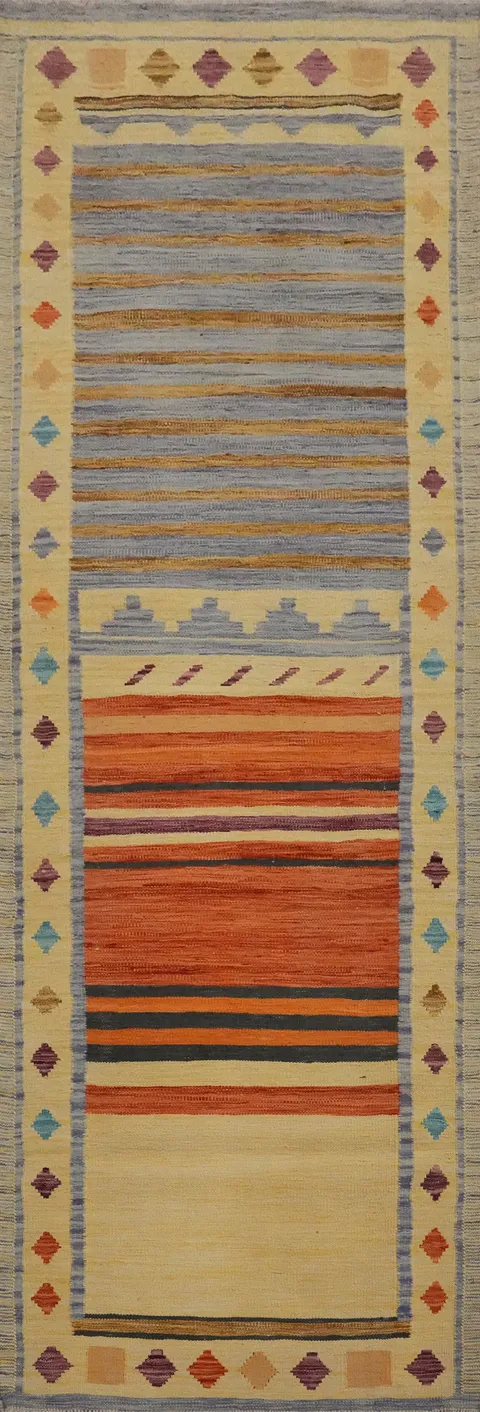 Striped Wool Kilim Flat Weave Runner Rug 3x10