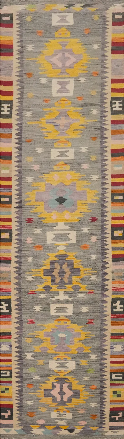 Geometric Wool Kilim Flat Weave Runner Rug 3x12