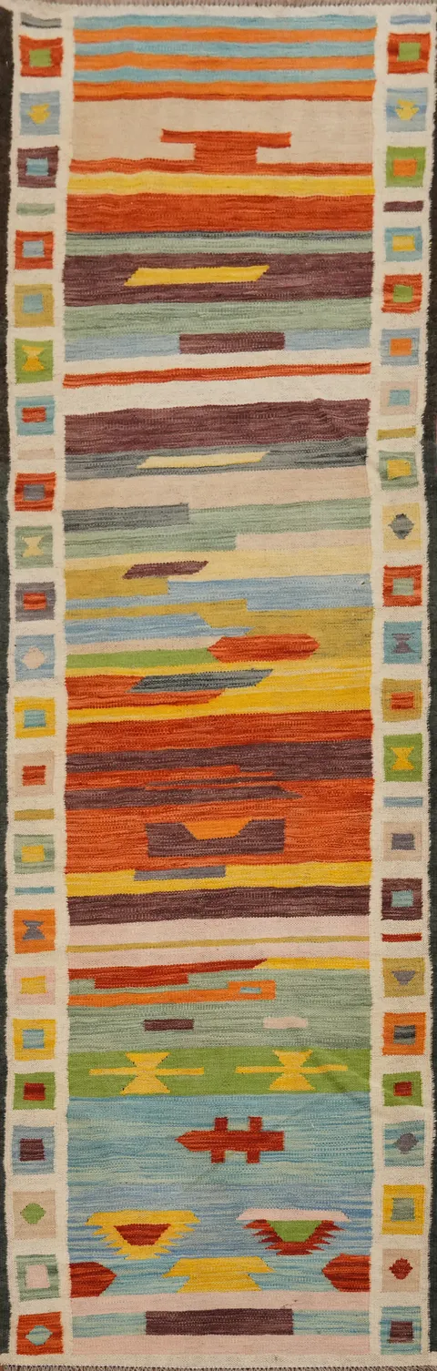 Vibrant Southwestern Gabbeh Runner Rug 3x10 with Striped Patterns