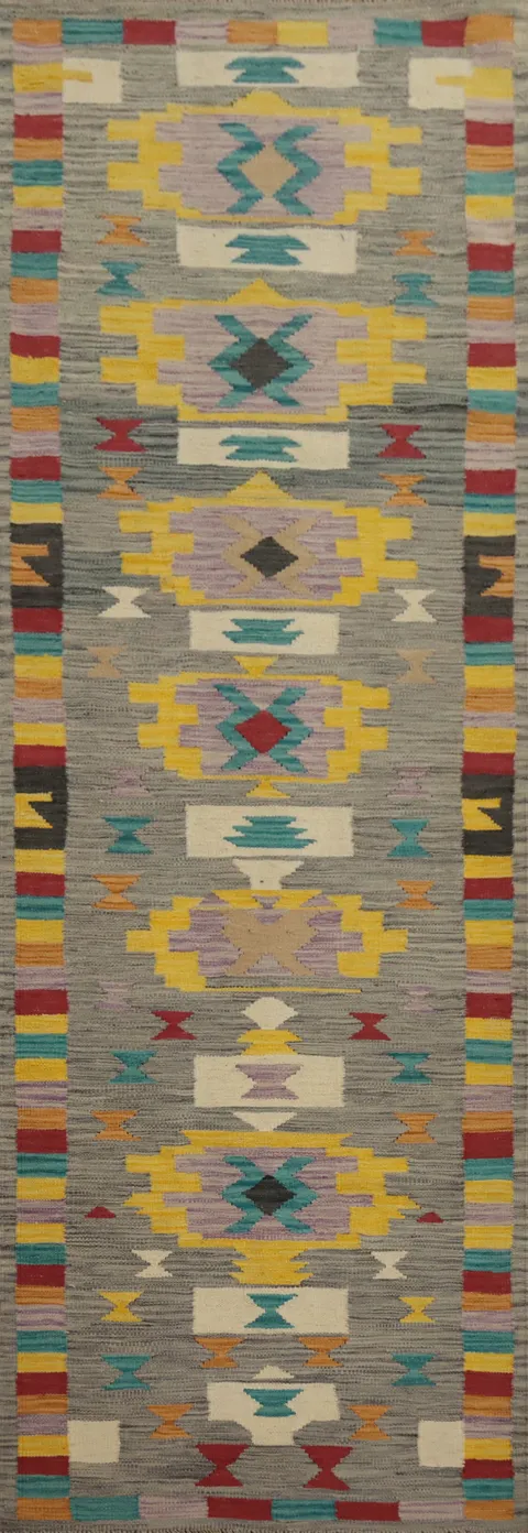 Geometric Wool Kilim Handwoven Runner Rug 3x10