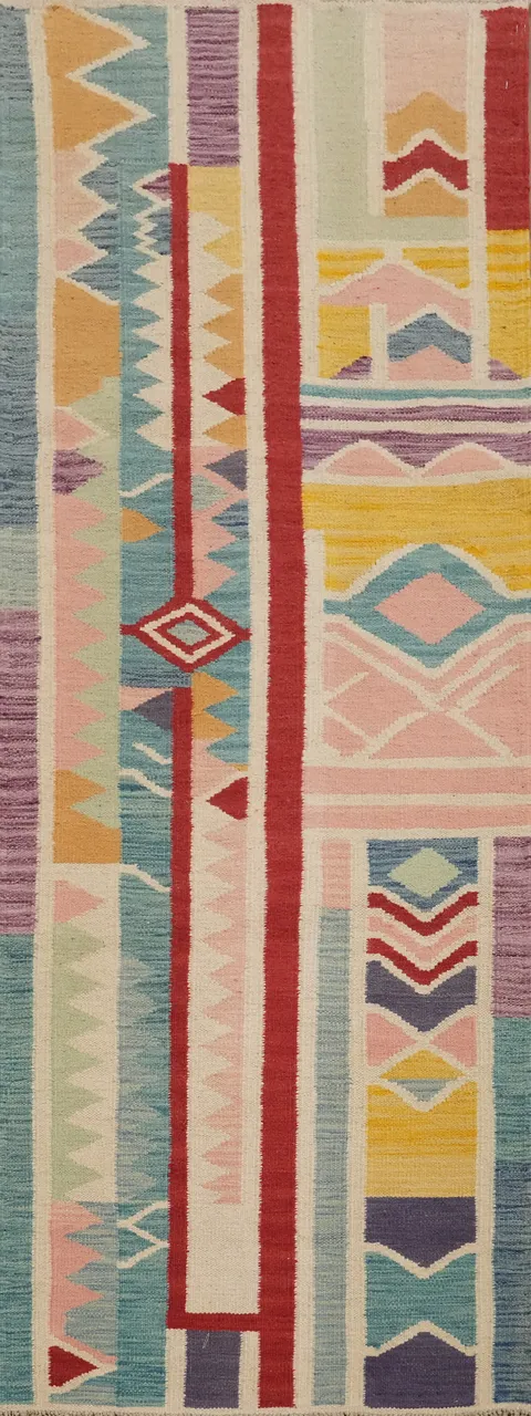 Geometric Pastel Kilim Runner Rug 2x6 for Modern Boho Interiors