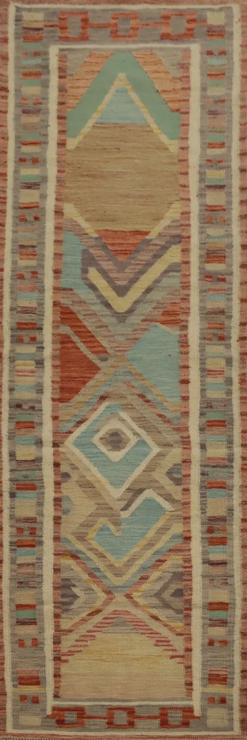 Vegetable Dye Wool Kilim Handwoven Runner Rug 2x8