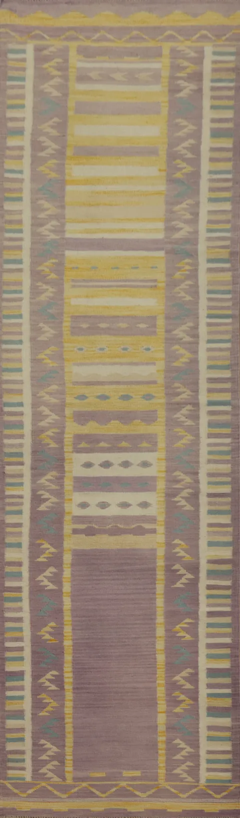 Elegant Purple and Gold Geometric Kilim Runner Rug 3x12