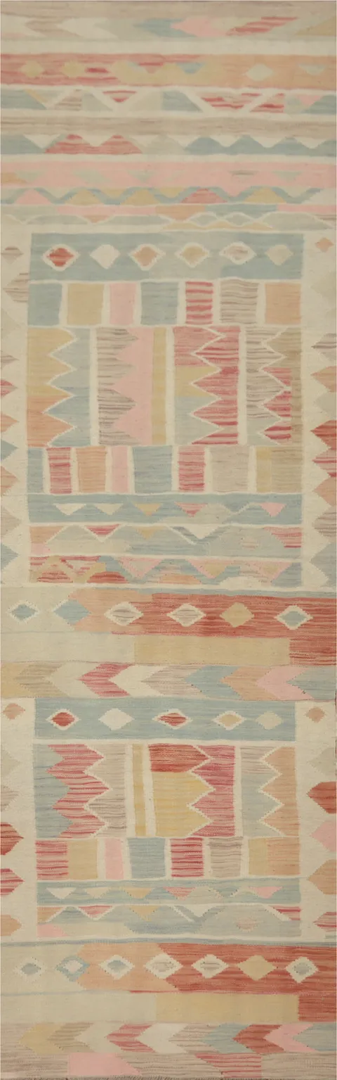 Geometric Wool Kilim Vegetable Dye Runner Rug 3x12