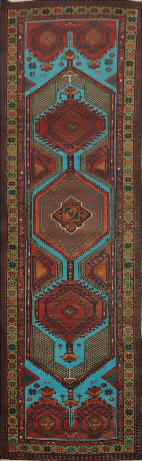 Vintage Blue Ardebil Persian Runner Rug 4x14