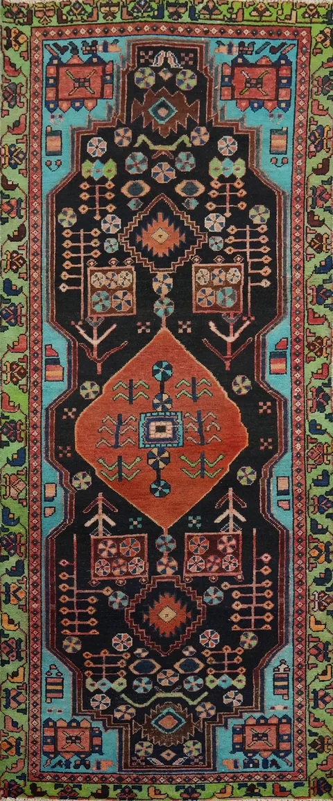 Black Geometric Hamedan Persian Runner Rug 3x9