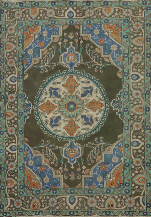Green Wool Geometric Tabriz Persian Rug 5x6