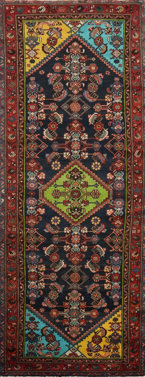 Vintage Geometric Hamedan Persian Runner Rug 4x10