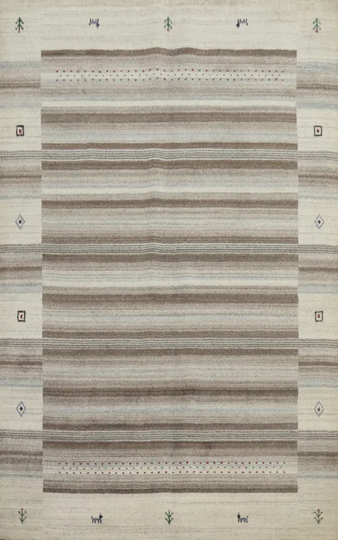 Neutral Toned Gabbeh Area Rug 5x8 with Intricate Tribal Design