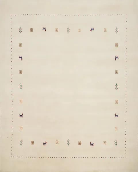 Elegant Beige Gabbeh Area Rug 7x7 Featuring Intricate Animals Border
