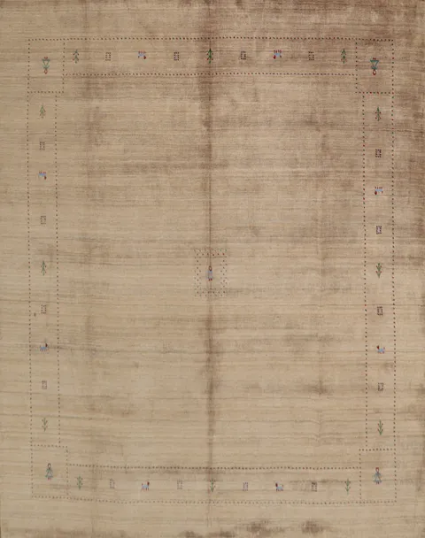 Chic Taupe Beige Gabbeh Square Rug with Artistic Tiny Gem Accents Pattern 9x9 ft