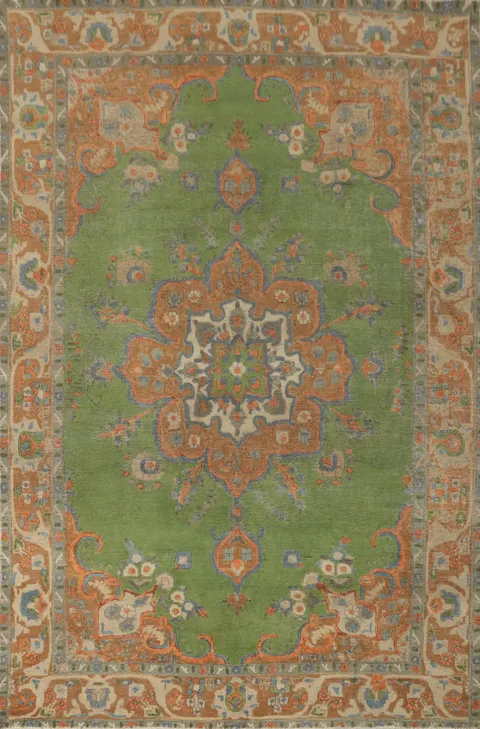 Vintage Green Wool Tabriz Persian Area Rug 7x9