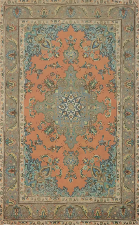 Elegant Coral and Blue Tabriz Persian Area Rug 7x10 with Intricate Design
