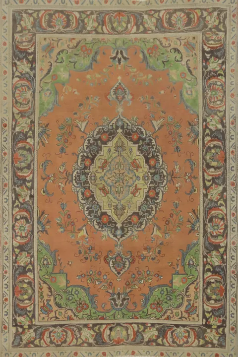 Traditional Orange & Green Tabriz Persian Rug 6x9 with Intricate Medallion