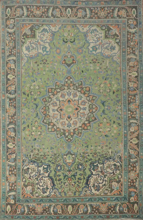Green Floral Tabriz Persian Area Rug 7x9
