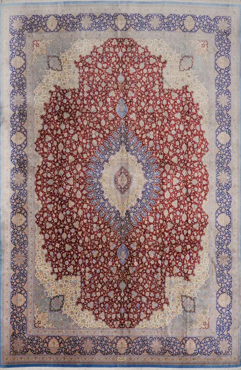 Handcrafted Wool Rug with Classic Red and Blue Medallion Details 10x13
