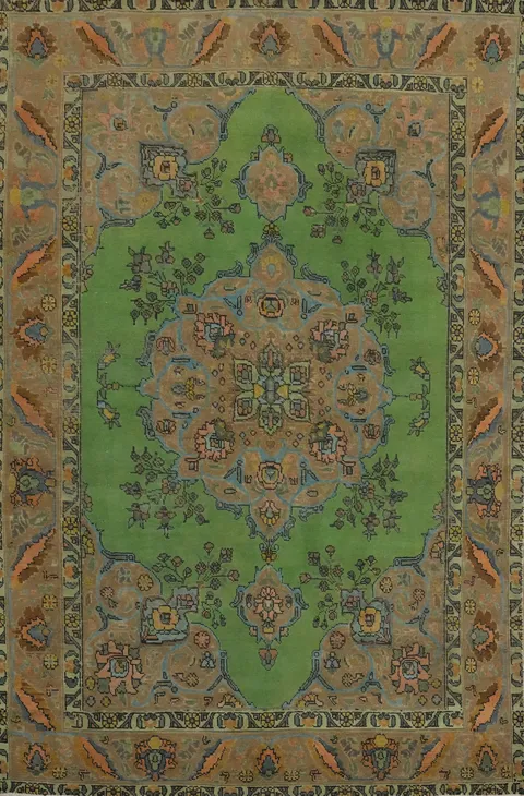 Vintage Green Tabriz Persian Area Rug 6x9