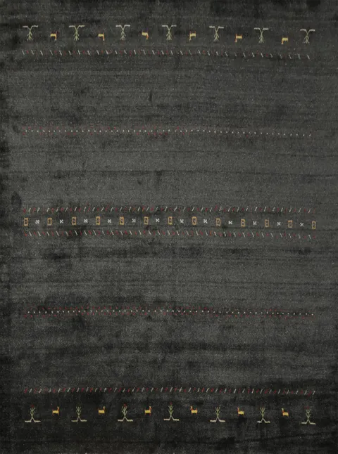 Stylish Gabbeh Area Rug 8x8 in Deep Charcoal with Subdued Tribal Details