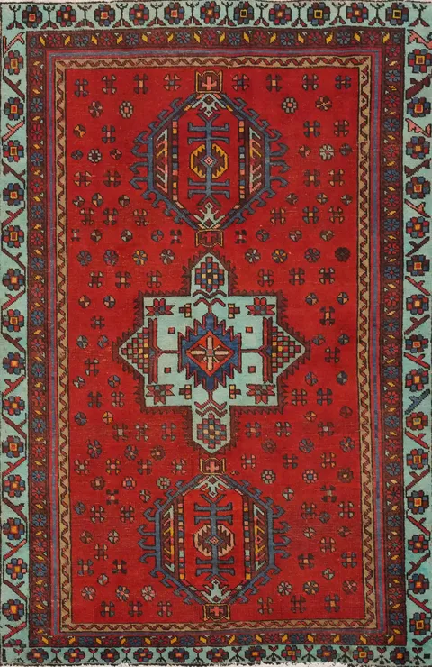 Red Geometric Heriz Persian Rug 4x5