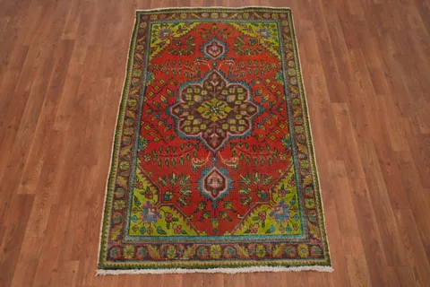 Vibrant Red and Green Vintage Tabriz Persian Rug 3'x5'